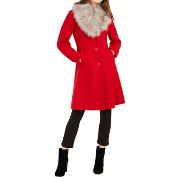 NWT Kate Spade New York Faux-Fur-Trim Red Coat